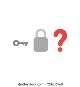 Flat design style vector illustration concept of key with closed padlock without keyhole and question mark symbol icon symbolizes problem on white background.