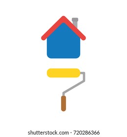 Flat design style vector illustration concept of yellow roller paint brush painting blue house symbol icon on white background.