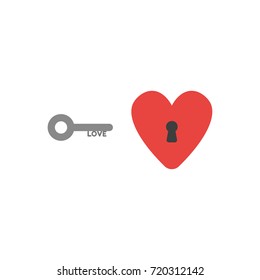 Flat design style vector illustration concept of grey love key and red heart symbol icon with black keyhole on white background.