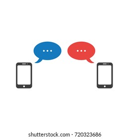 Flat design style vector illustration concept of two smartphones symbol icon with two speech bubbles with three points symbolizing talking on white background.