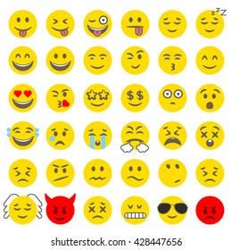 Flat design style vector smile icon set. 36 emoticons.