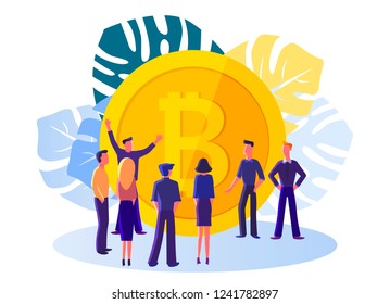 Flat design style web abstract isolated banner of blockchain technology, bitcoin, altcoins, cryptocurrency mining with people. Bitcoin.