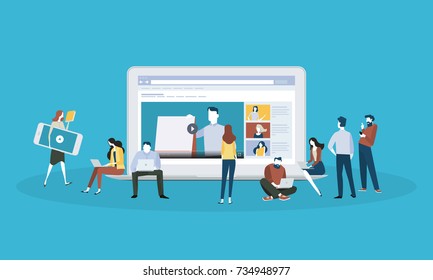 Flat Design Style Web Banner For Online Education, Video Tutorials, Online Training And Courses. Vector Illustration Concept For Web Design, Marketing, And Print Material.