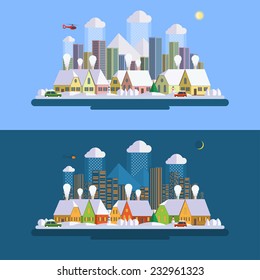 Flat design style winter urban landscape illustration. The city covered with snow day and night. Ready for winter and Christmas holidays design.
