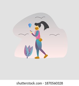 flat design style, woman wearing mask is looking at a map on a phone for a vacation. Vector illustration modern flat people character 