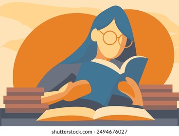 flat design style of woman wearing glasses reading a book.  vector illustration