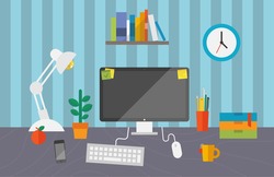 Flat design stylish vector illustration of routine organization of modern business workspace in the office.