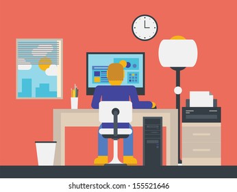 Flat design stylish vector illustration of manager working with computer in modern office workspace.