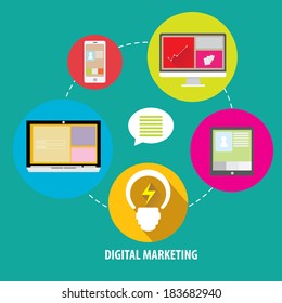 Flat design stylish vector illustration cloud of colorful application icons on media theme. Digital marketing concept.