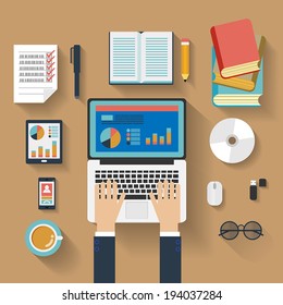 Flat design stylish vector illustration of routine organization of modern business workspace in the office. 