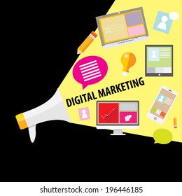Flat design stylish vector illustration megaphone with cloud of colorful application icons on media theme. Digital marketing concept. Isolated on stylish black background