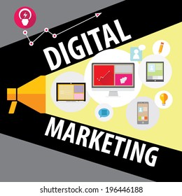 Flat design stylish vector illustration megaphone with cloud of colorful application icons on media theme. Digital marketing concept. Isolated on stylish black background