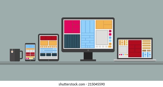 Flat design stylish vector illustration of designer desk with device