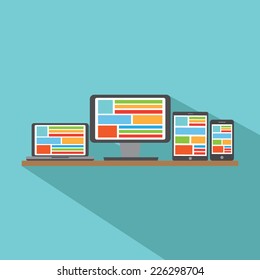 Flat design stylish vector illustration of designer desk with device