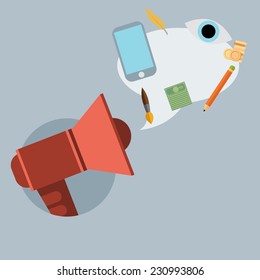 Flat design stylish vector illustration megaphone with cloud of colorful application icons on media theme.