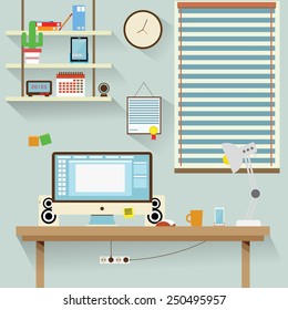 Flat design stylish vector illustration of routine organization of modern business workspace in the office.