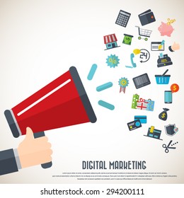 Flat design stylish vector illustration megaphone with cloud of colorful application icons on shopping theme. Digital marketing concept. 