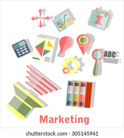 Flat design stylish vector illustration megaphone with cloud of colorful application icons on media theme. Digital marketing concept.