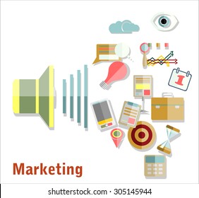 Flat design stylish vector illustration megaphone with cloud of colorful application icons on media theme. Digital marketing concept.