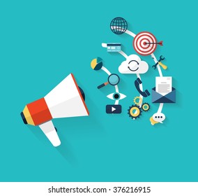 Flat design stylish vector illustration megaphone with icons of social media marketing, digital marketing, online advertising, creative business internet strategy and market promotion development. 