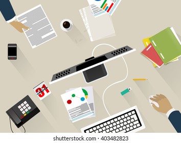 Flat design stylish vector illustration of routine organization of modern business workspace in the office.