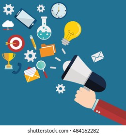 Flat design stylish vector illustration megaphone with cloud of colorful application icons on media theme. Digital marketing concept. Isolated on stylish turquoise background.