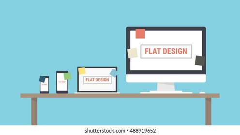 Flat design stylish vector illustration of designer desk with device