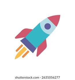 A flat design stylized rocket image taking off against a solid White Background. Primary colors are light blue, red, yellow and orange.