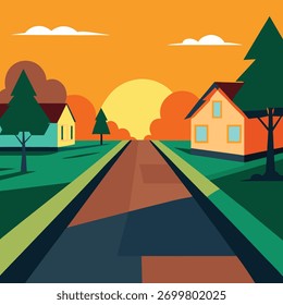 Estrada suburbana de design plano ao pôr do sol com casas e árvores