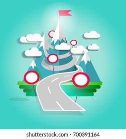 flat design, success concept.Mountain top and the road with road sign
