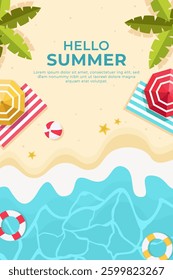 Flat Design Summer Beach Scene With Umbrellas and Palm Trees
