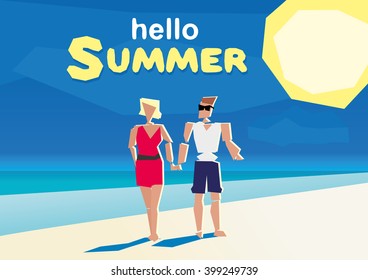 flat design summer beach and sea cartoon characters young laughing surf man and woman couple holding hands. low poly