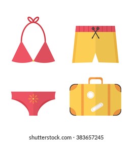 Flat Design Summer Beach Vacation Set. Swimsuit, Swim Briefs, Suitcase.