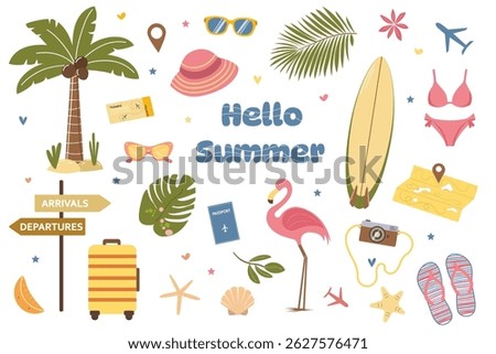 Flat design summer clipart set: beachwear, surfboard, flamingo, sunglasses, suitcase,  and tropical leaves. Use for posters, cards, banners, or ads. Vector flat illustration. 
