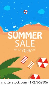 Banner de descuento de verano de diseño plano Vector libre. venta de verano con fondo de playa. para móvil