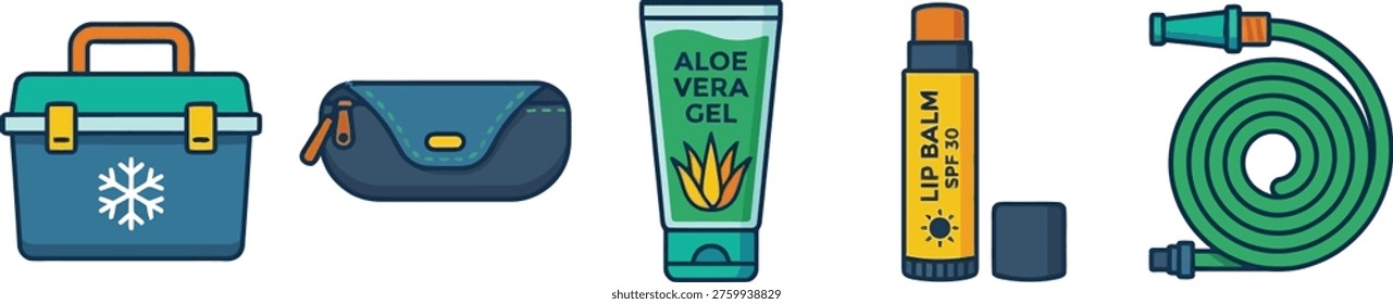 Flat design summer essentials icons featuring cooler box sunglasses case aloe vera gel lip balm and garden hose in minimal geometric vector style