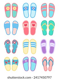 Flat design of summer flip-flops. A set of summer slippers. Vector illustration of open shoes.