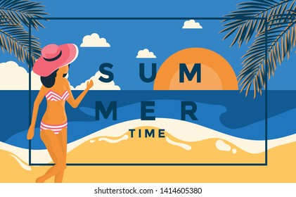 Flat Design Summer Holiday poster. Frame with young girl on the beach, can be used as Exotic wallpaper, Greeting card, poster, placard. Vector Illustration
