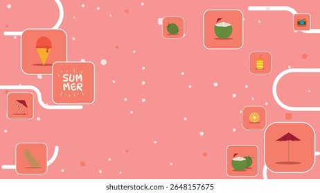 Flat Design Summer Icons with Tropical Drinks and Elements on Pink Background for Web and Poster
