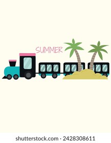 Flat Design Summer Illustration with Children's Train and Palms	