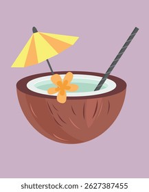 Flat Design Summer Illustration with Coconut Cocktail, Umbrella, Flower, Stick