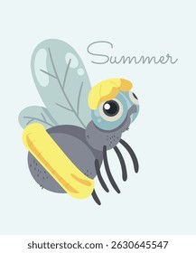 Flat Design Summer Illustration with Fly Insect and Wearing a Hat, Swimming Pool
