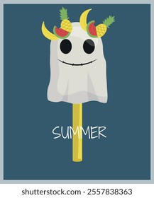 Flat Design Summer Illustration with Ghost Candy and Fruits