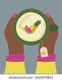 Flat Design Summer Illustration at Hands Holding Cup of Tea with Fruits Taste