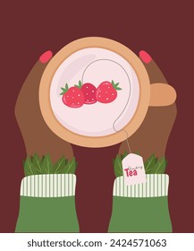 Flat Design Summer Illustration at Hands Holding Cup of Tea with Strawberry Taste