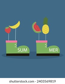 Flat Design Summer Illustration with Hiking Boots and Fruits