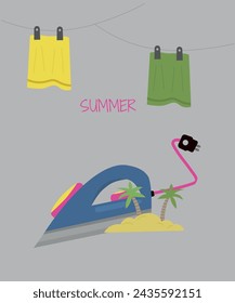 Flat Design Summer Illustration with Iron and Palms