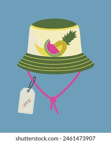 Flat Design Summer Illustration with Panama Hat at Fruits Pattern and Sale Tag