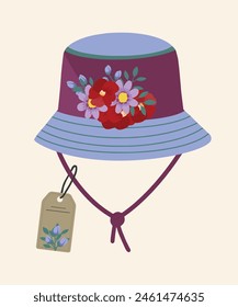 Flat Design Summer Illustration with Panama Hat at Flowers Pattern and Sale Tag