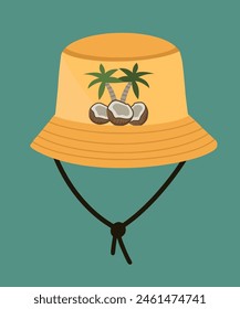 Flat Design Summer Illustration with Panama Hat at Coconut Palms Pattern